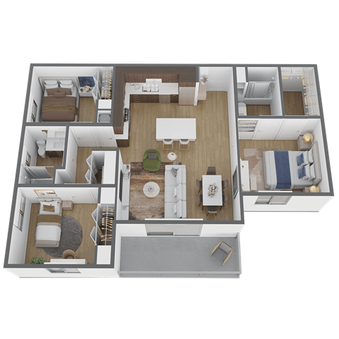 Floor plan for 3 beds, 2 baths, 1280 sqft